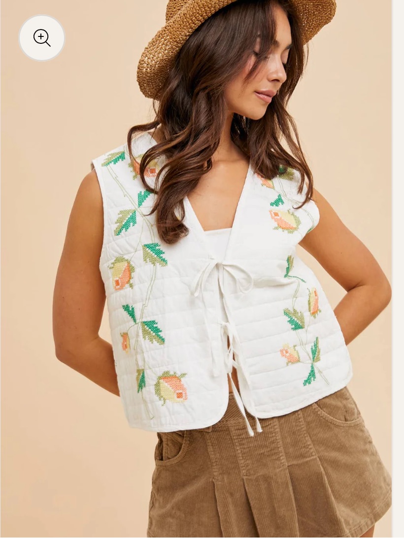 In Bloom White Quilted Embroidered Flower Tie-Front Vest